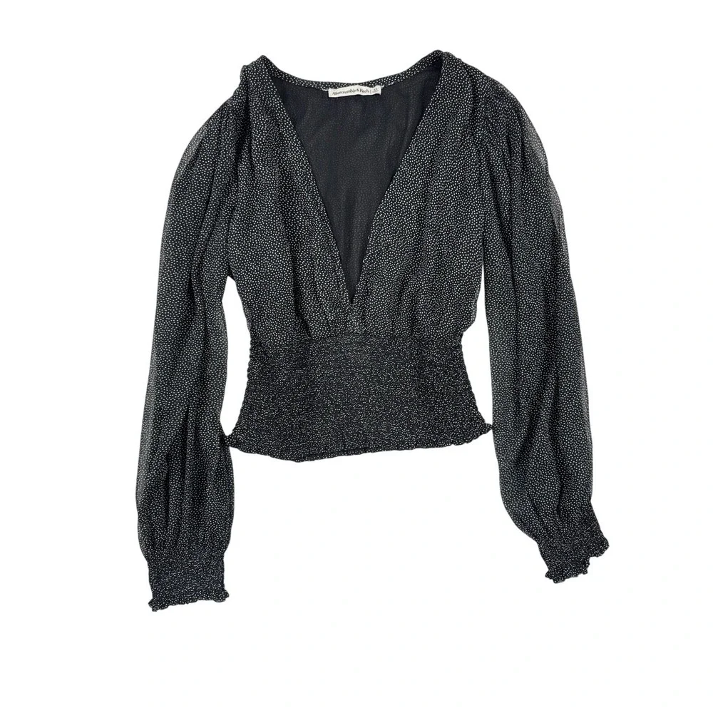 Abercrombie & Fitch Black Polka Dot Smocked‎ Waist Blouse XS Sheer Puff Sleeve